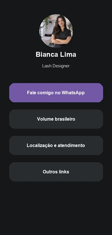 Link na Bio fictício contextualizado para lash designers