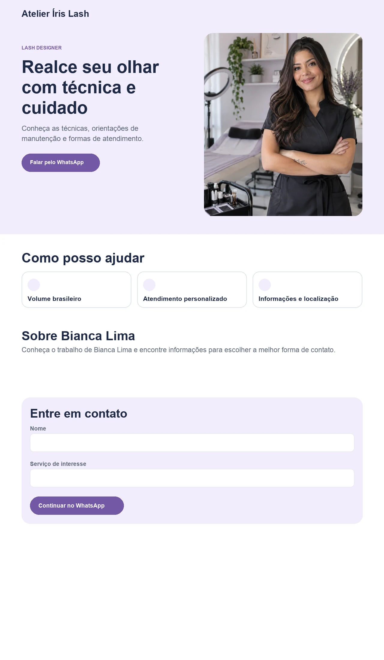 Página profissional fictícia para lash designers, exibida no computador