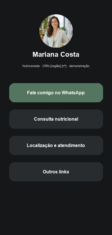 Link na Bio fictício contextualizado para nutricionistas e consultórios de Nutrição