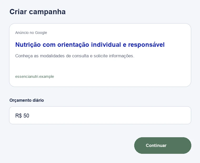 Configuração ilustrativa de campanha no Google para nutricionistas e consultórios de Nutrição