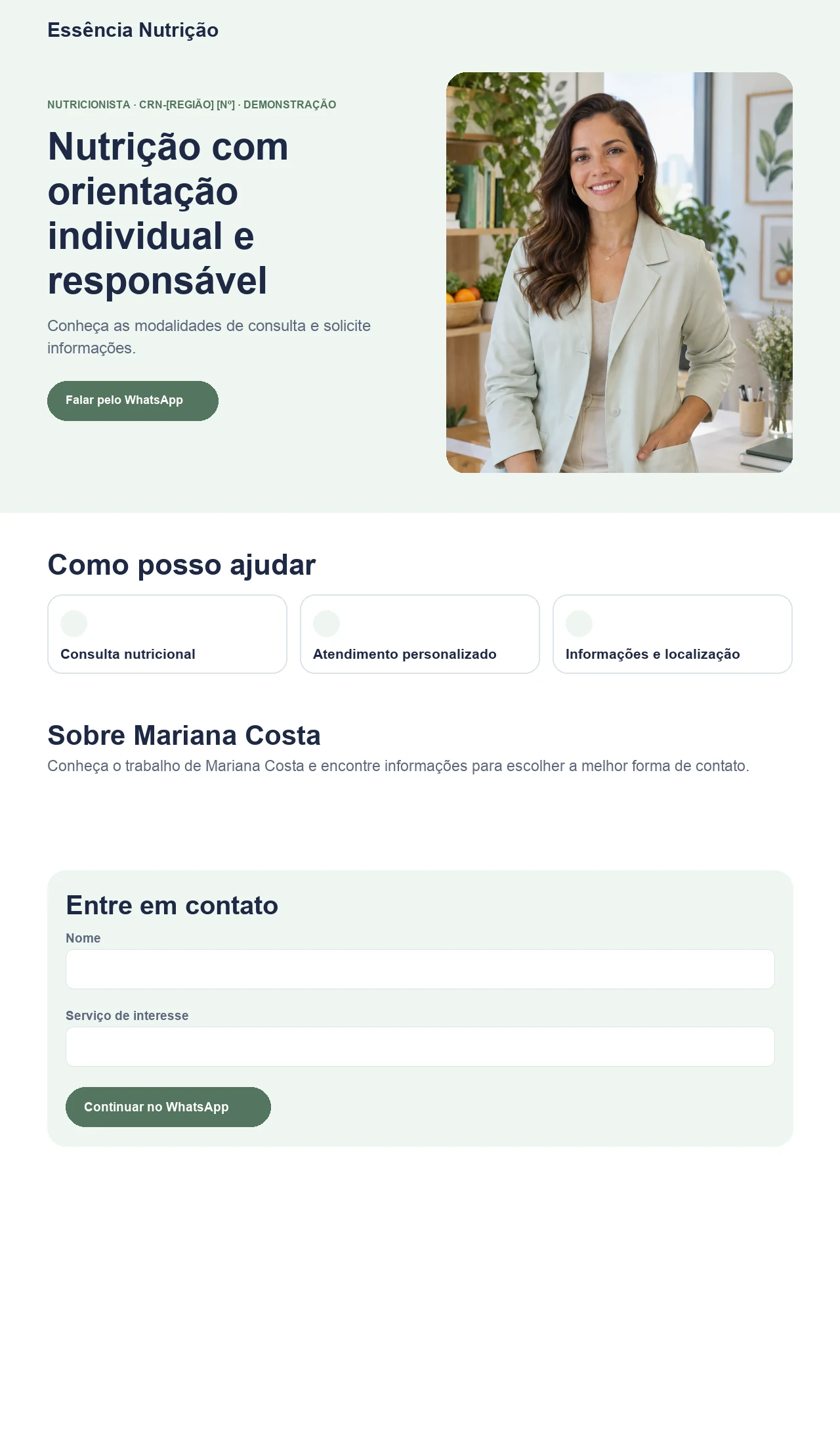 Página profissional fictícia para nutricionistas e consultórios de Nutrição, exibida no computador