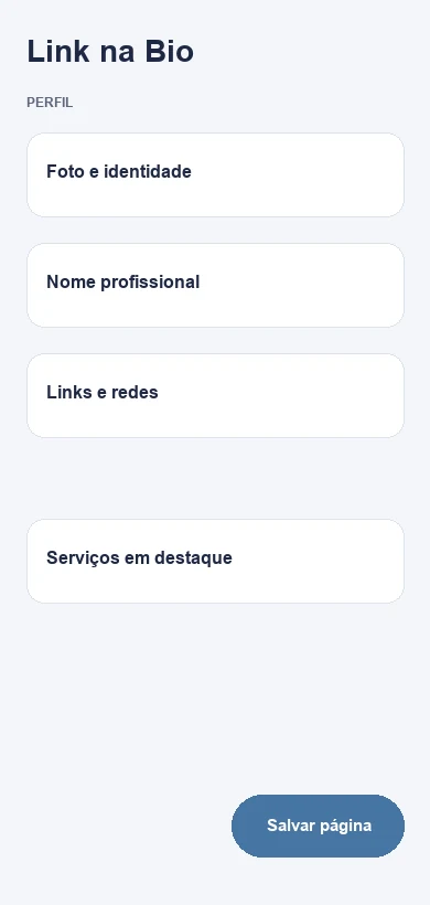 Editor do Link na Bio com dados fictícios de pediatras e clínicas pediátricas