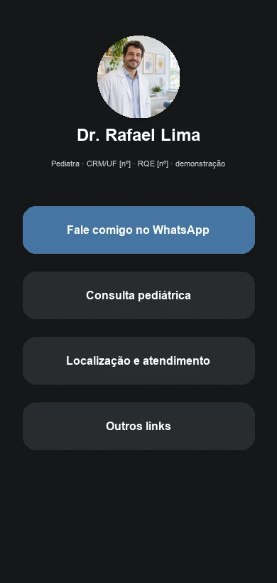 Link na Bio fictício contextualizado para pediatras e clínicas pediátricas
