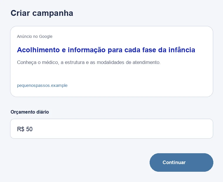 Configuração ilustrativa de campanha no Google para pediatras e clínicas pediátricas