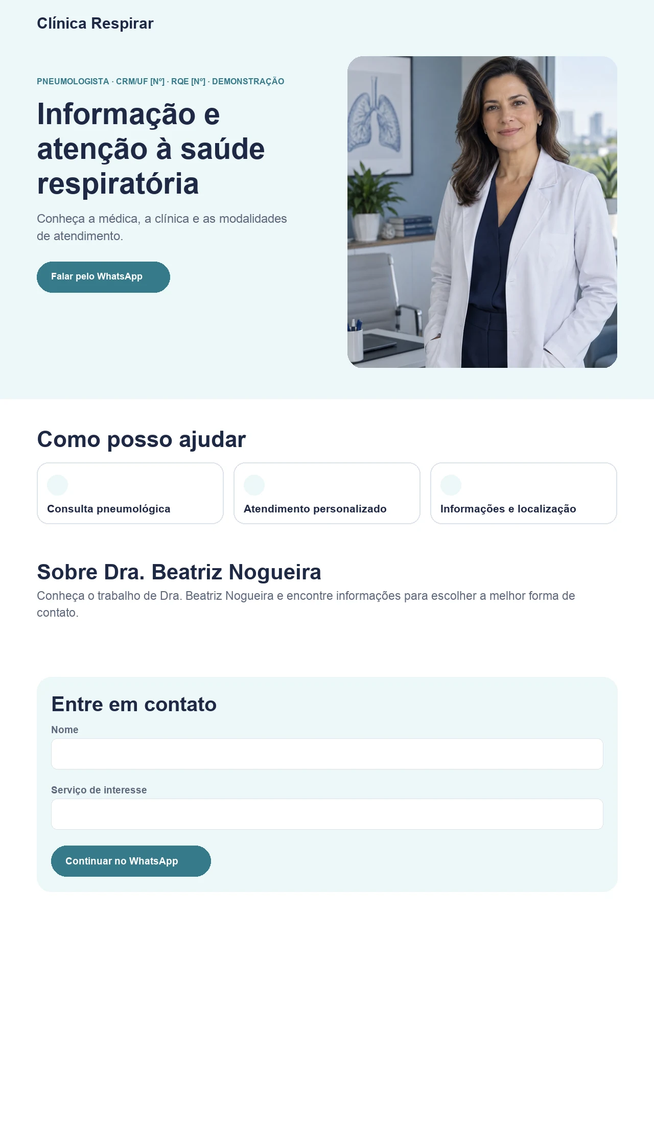 Página profissional fictícia para pneumologistas e clínicas respiratórias, exibida no computador