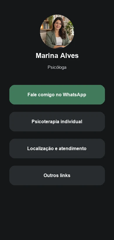 Link na Bio fictício contextualizado para psicólogos e consultórios de Psicologia