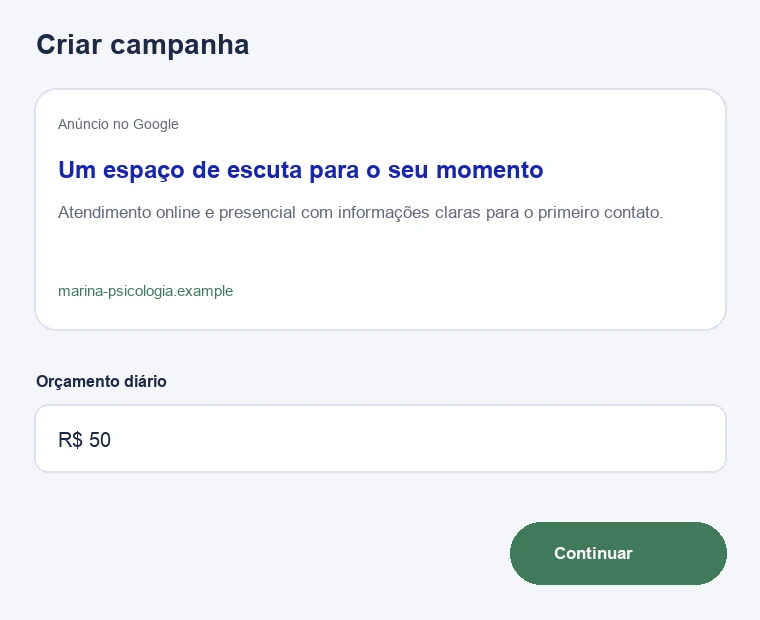 Configuração ilustrativa de campanha no Google para psicólogos e consultórios de Psicologia