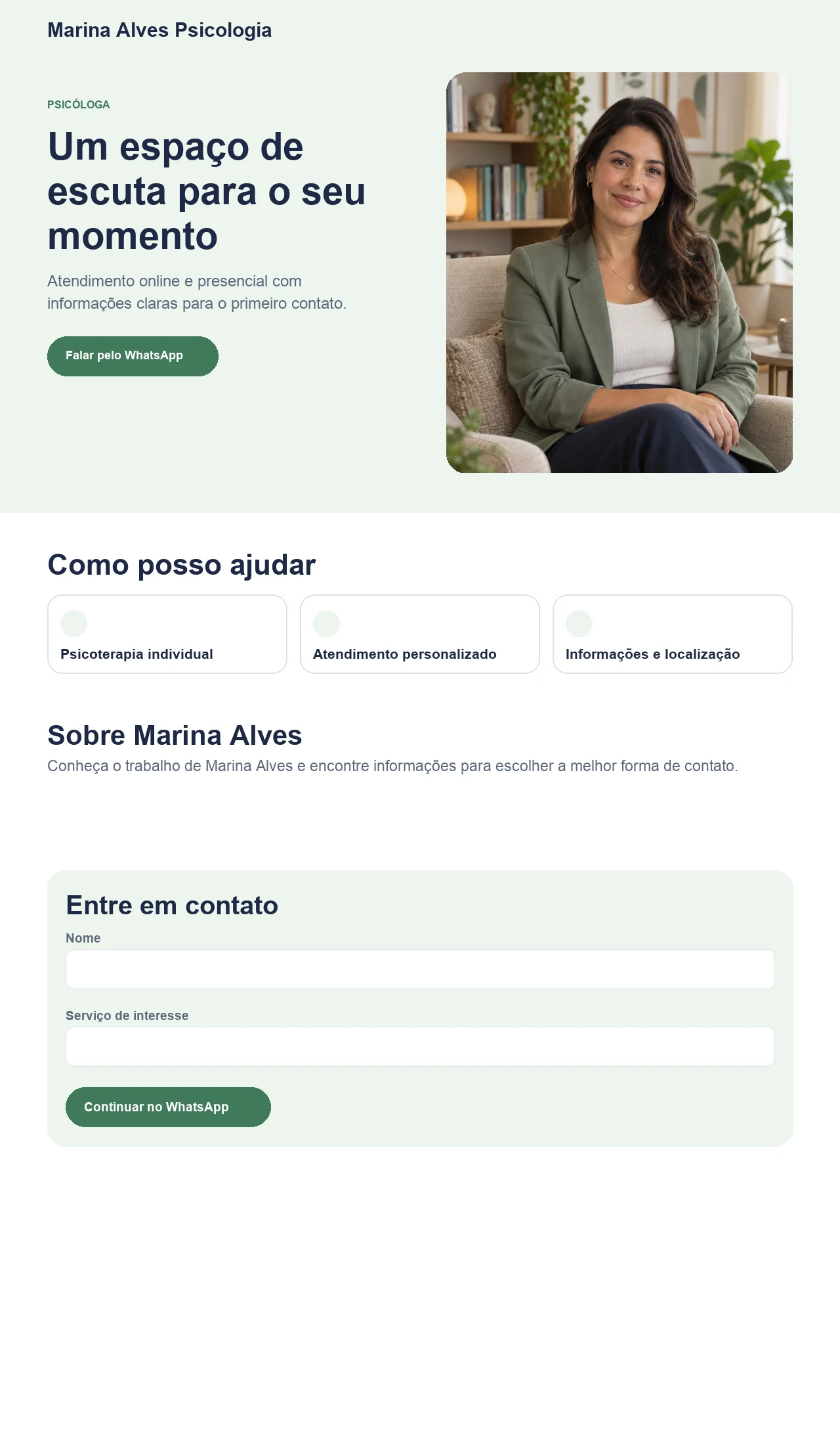 Página profissional fictícia para psicólogos e consultórios de Psicologia, exibida no computador