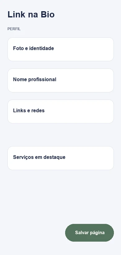 Editor do Link na Bio com dados fictícios de psiquiatras e clínicas de Psiquiatria