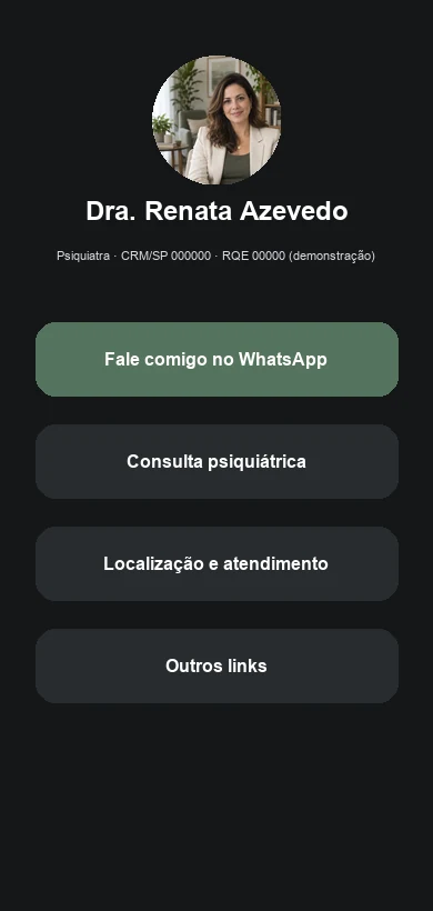 Link na Bio fictício contextualizado para psiquiatras e clínicas de Psiquiatria