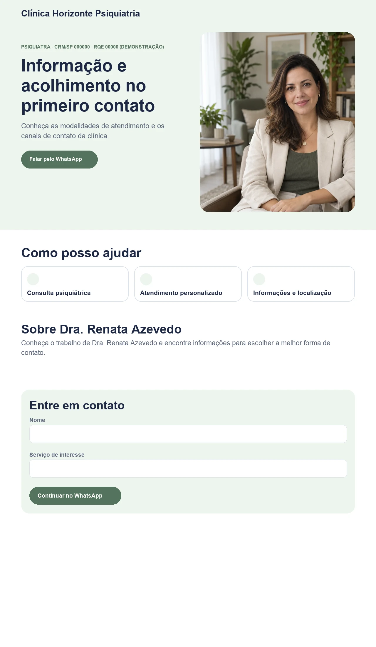 Página profissional fictícia para psiquiatras e clínicas de Psiquiatria, exibida no computador