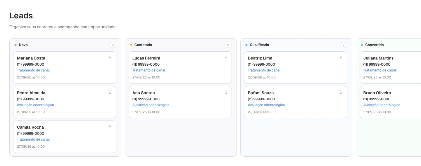 CRM em Kanban com contatos fictícios organizados por etapa