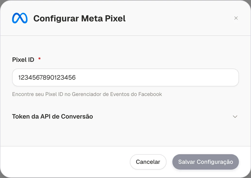 Configuração real do Meta Pixel no MiniAds com Pixel ID de demonstração