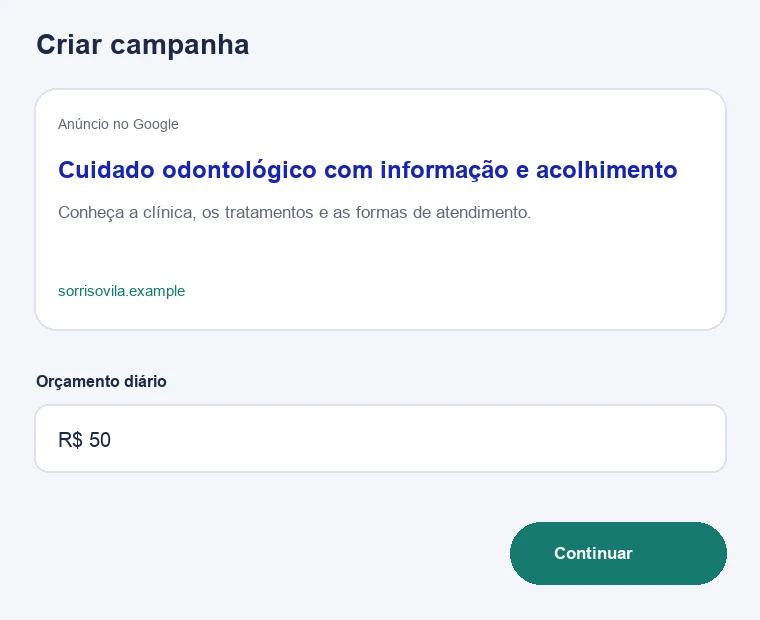 Tela de configuração de campanha para dentistas em demonstração do MiniAds com identidade fictícia