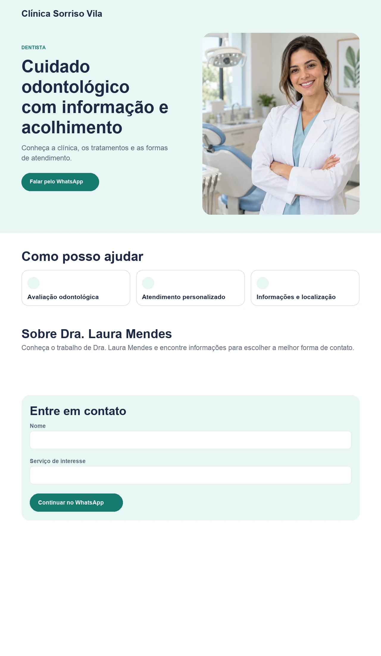 Página profissional para dentistas em demonstração do MiniAds com identidade fictícia