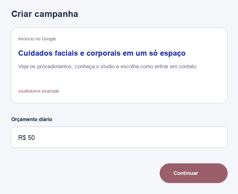 Tela de configuração de campanha para esteticistas em demonstração do MiniAds com identidade fictícia