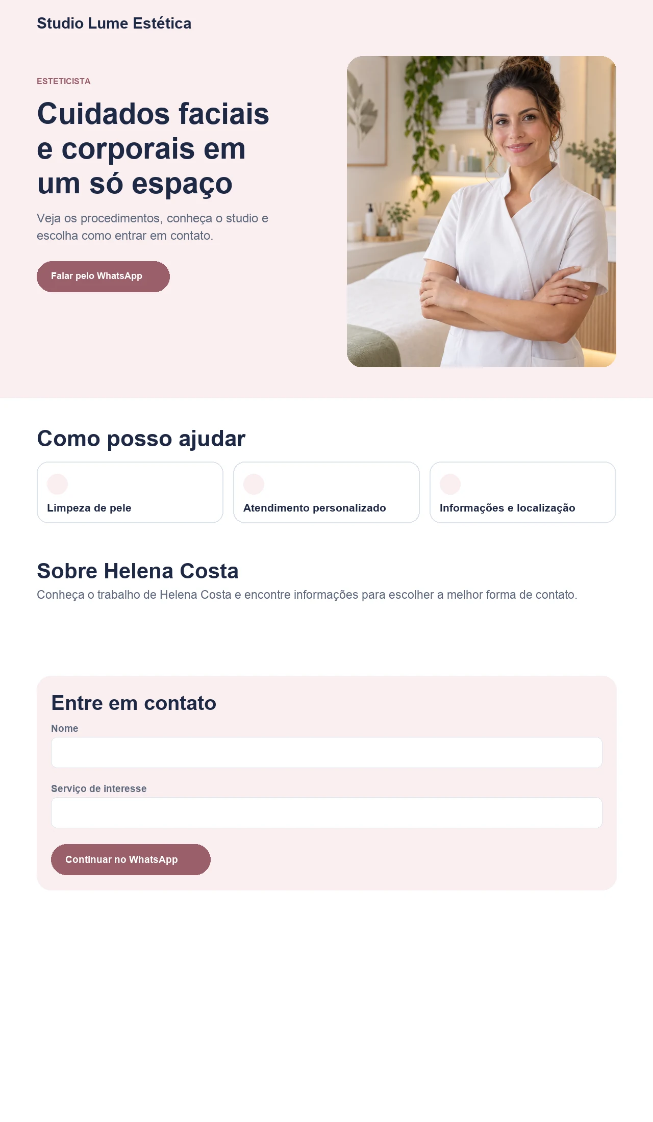 Página profissional para esteticistas em demonstração do MiniAds com identidade fictícia
