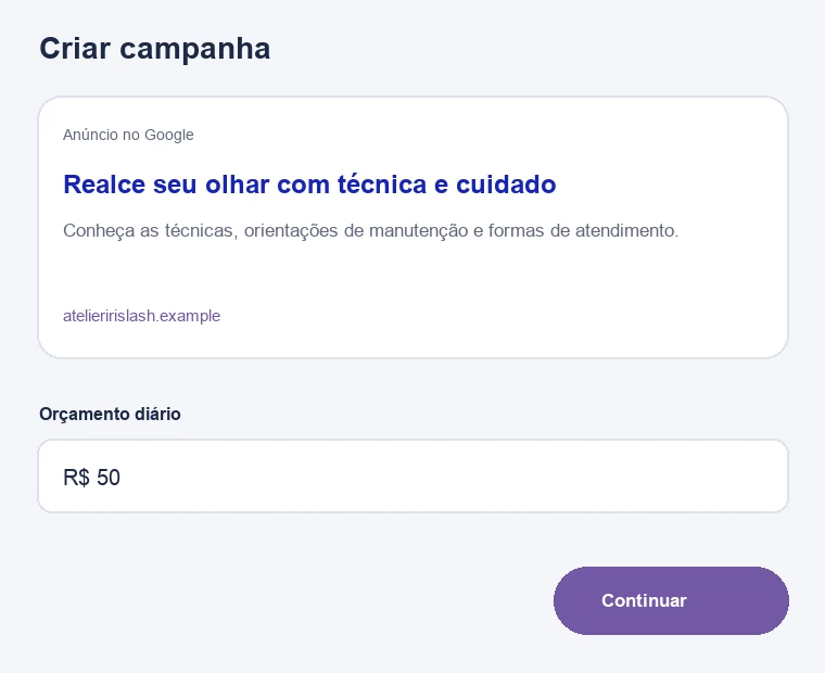 Tela de configuração de campanha para lash designers em demonstração do MiniAds com identidade fictícia