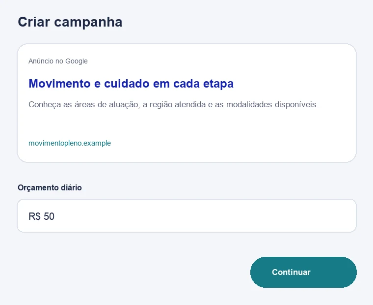 Tela de configuração de campanha para fisioterapeutas em demonstração do MiniAds com identidade fictícia