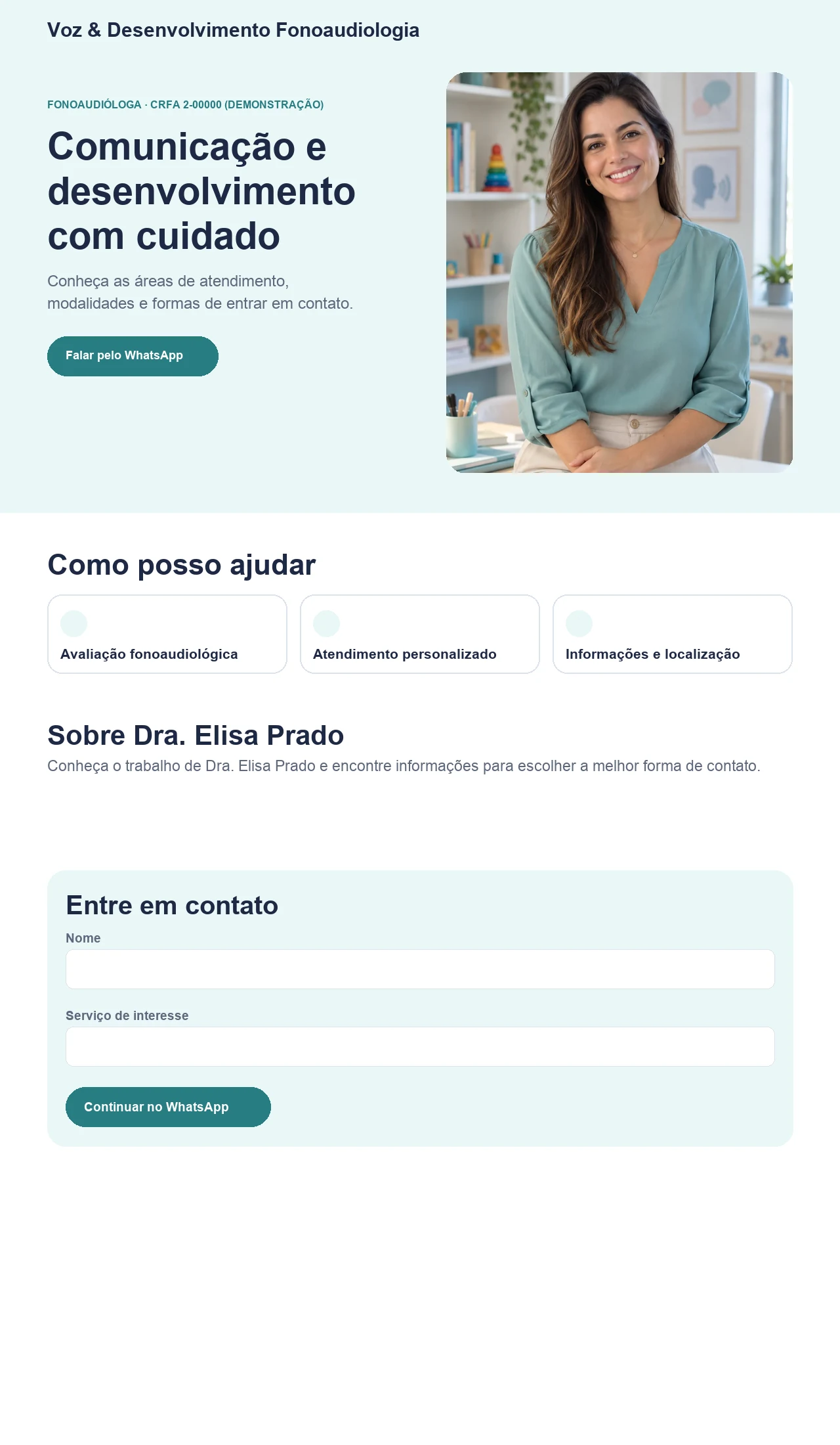 Página profissional para fonoaudiólogos em demonstração do MiniAds com identidade fictícia