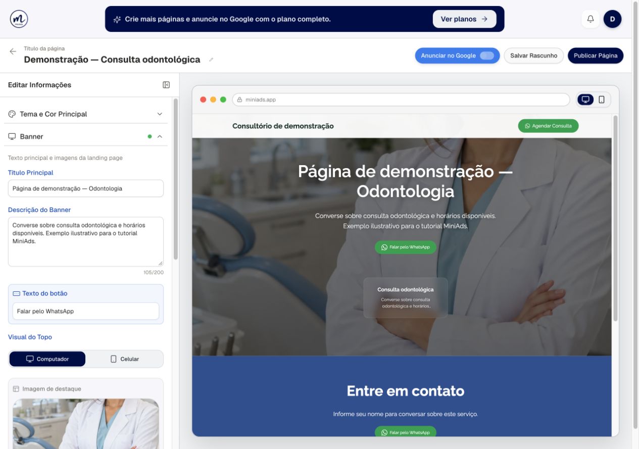Editor real do MiniAds com título, descrição e prévia da página de dentista, em demonstração local