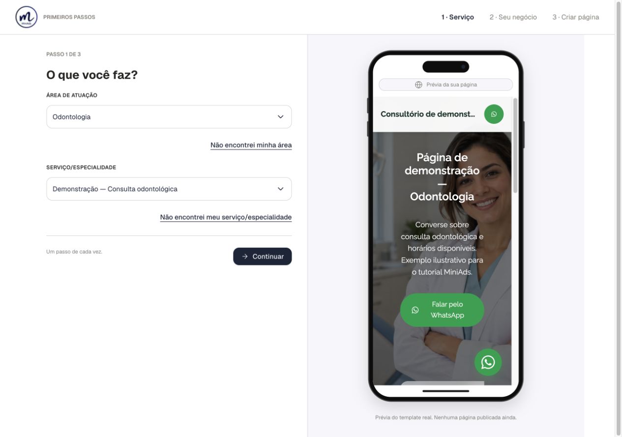 Tela real do onboarding MiniAds com Área de atuação, Serviço/Especialidade e botão Continuar