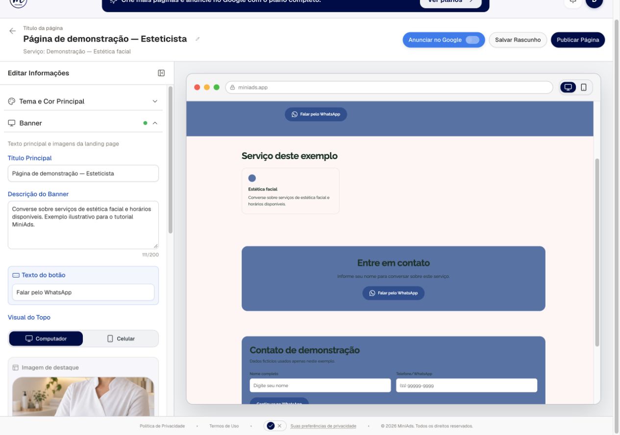Editor real do MiniAds com título, descrição e prévia da página de esteticista, em demonstração local