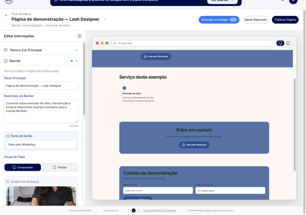 Editor real do MiniAds com título, descrição e prévia da página de lash designer, em demonstração local