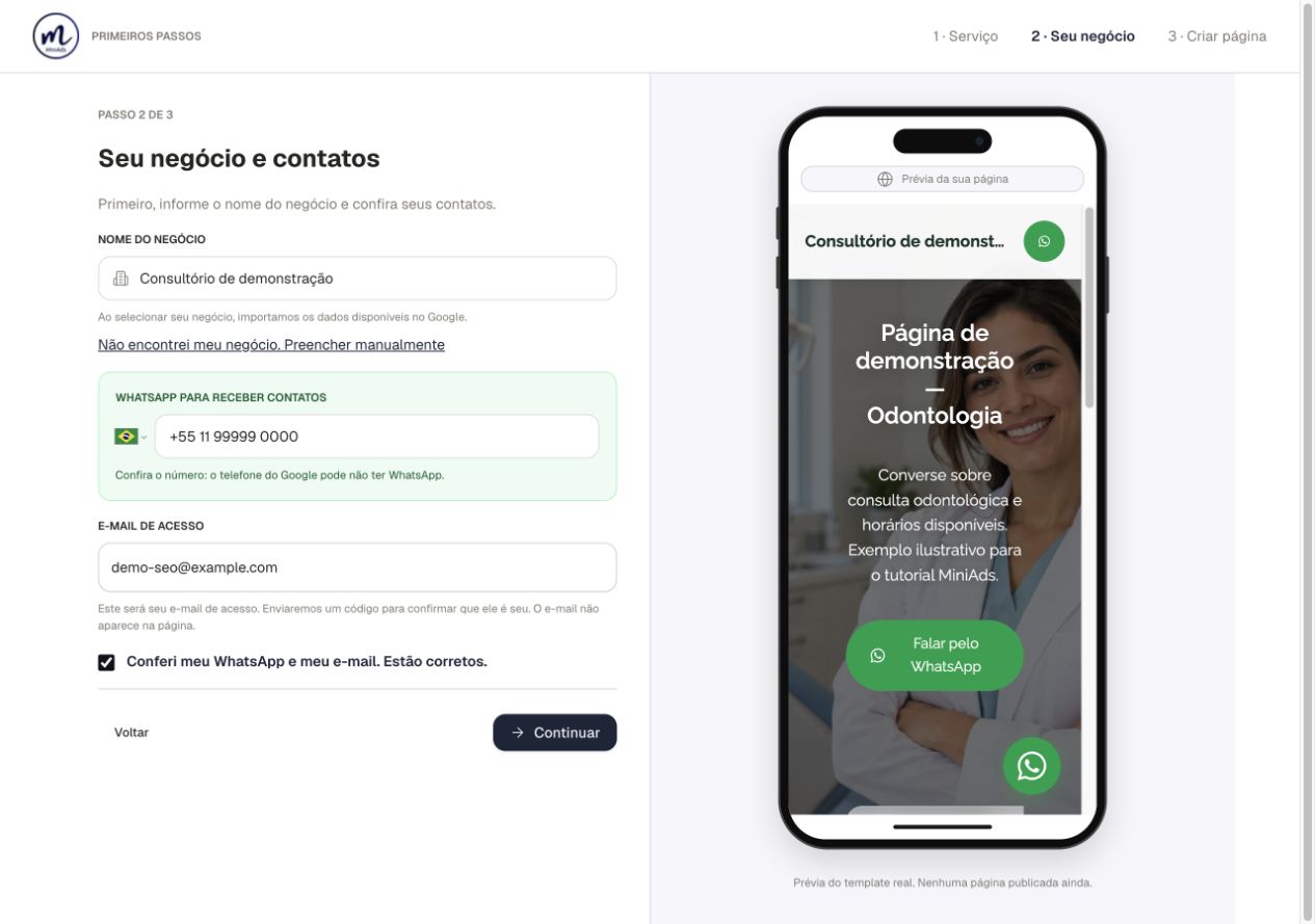 Tela real Seu negócio e contatos do MiniAds com nome, WhatsApp, email de acesso e confirmação dos dados