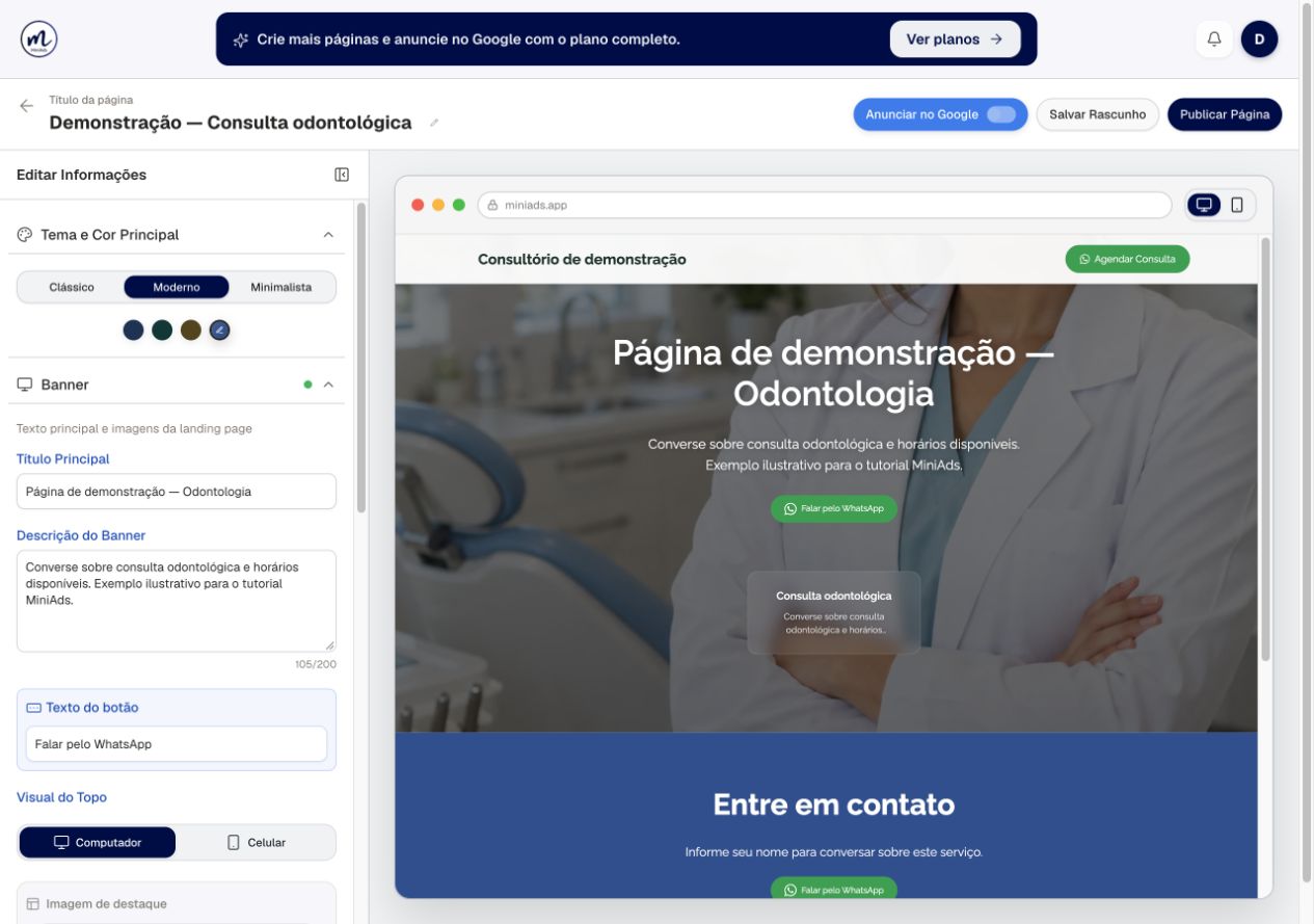 Editor real do MiniAds com Tema e Cor Principal, opções Clássico, Moderno e Minimalista e campos do Banner