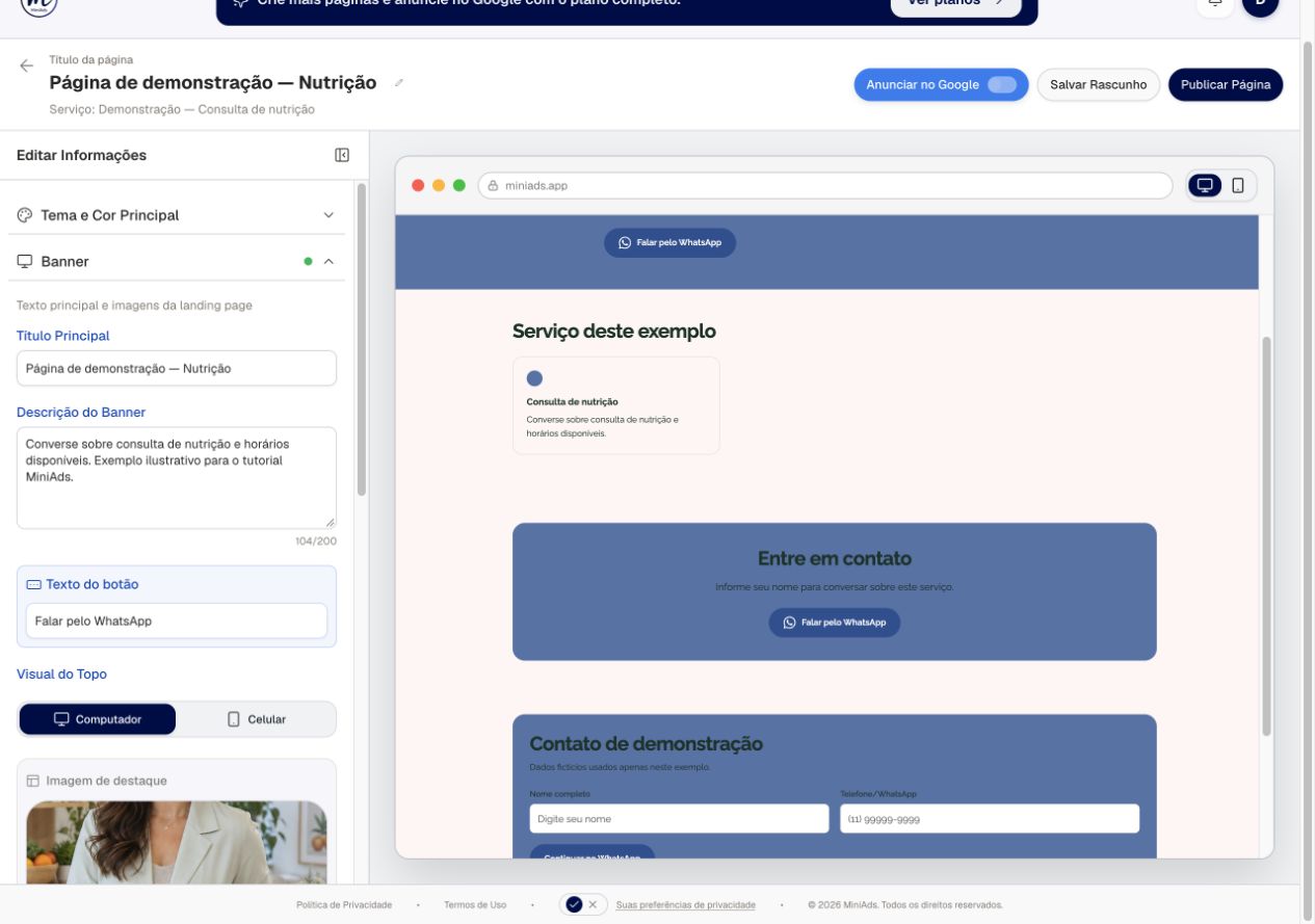 Editor real do MiniAds com título, descrição e prévia da página de nutricionista, em demonstração local