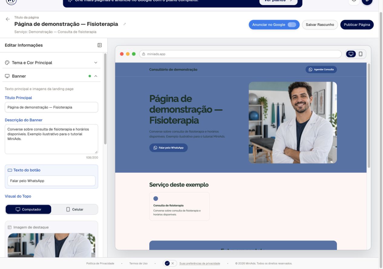 Editor real do MiniAds com título, descrição e prévia da página de fisioterapeuta, em demonstração local