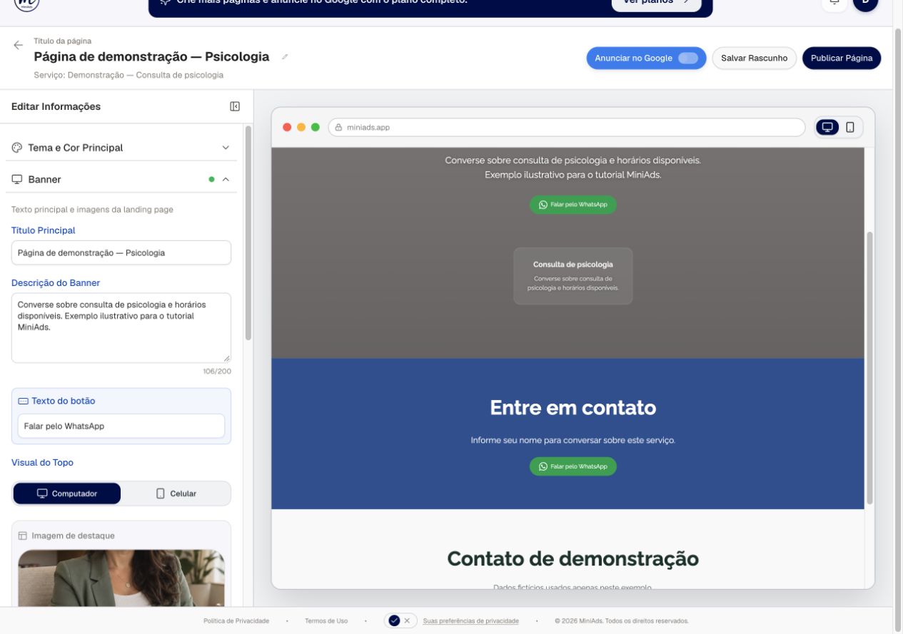 Editor real do MiniAds com título, descrição e prévia da página de psicólogo, em demonstração local