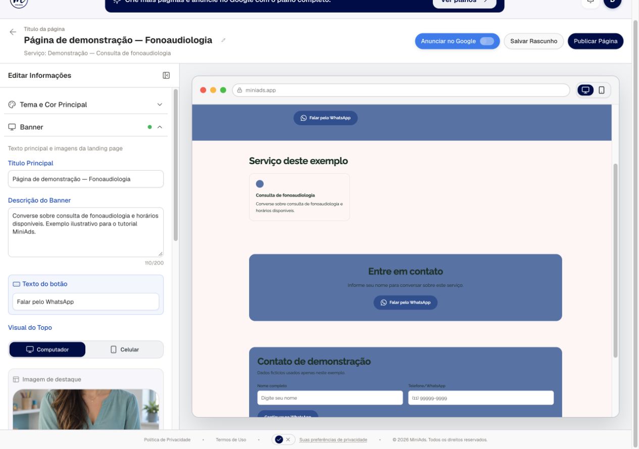 Editor real do MiniAds com título, descrição e prévia da página de fonoaudiólogo, em demonstração local